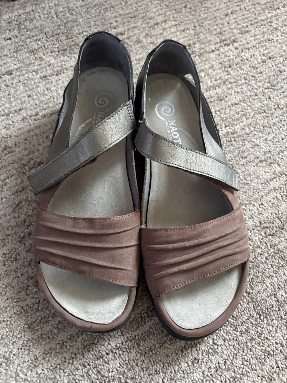 Naot Brown and Metallic Silver Cross-Strap Sandals